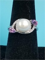 Sterling silver ring with Pearl, amethyst and CZ s