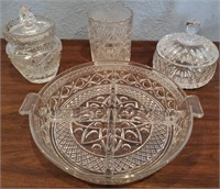 819 - RELISH DISH, BISCUIT JAR, VASE & COVERED JAR