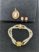 Vintage Cameo Set, Clip Earrings Bracelet and