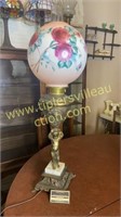 Cherub lamp with handpainted rose globe