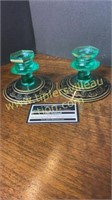Vaseline glass candle stands with gold detail