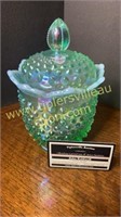 Fenton green hobnail iridescent candy jar