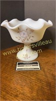 Fenton cameo satin glass hand painted compote