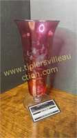 Cranberry to clear etched vase