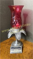 Silverplate candle stand with cranberry globe