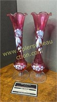 Pair of handpainted cranberry bud vases