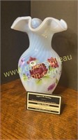 Fenton white swirl handpainted rose vase