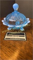 Blue opalescent footed candy dish