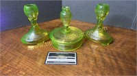 Vaseline glass etched candy dish and matching