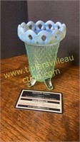Opalescent Vaseline open lace footed vase