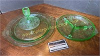 Vaseline drape platter, divided dish and candle