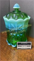 Green opalescent cherry and cable biscuit jar