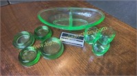 Vaseline glass divided dish, cordials and