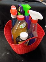 Cleaning supplies and basket