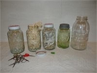 Green Glass Ball Jar, Jars w/ sewing scissors, etc