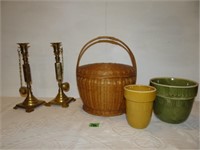 Wicker Sewing Basket, Planters, Brass Candleholder