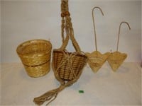 Wicker Planter and Macreme Hanger, Wall Pockets