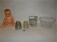 Glass Insulators, Crock, Basket, Plastic Doll