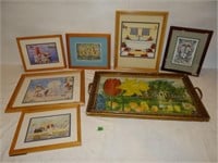 Vintage Framed Tray with Watercolor Print, Prints