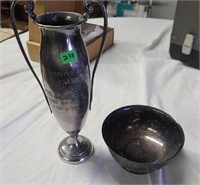 silver plate bowl & pewter thank you vase