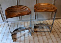Pair of Chrome and Butcher Block Carved Barstools