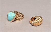 14K Gold and Turquoise Ring & 14K Gold Earring