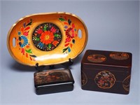 Wood Tray and Lacquer Boxes