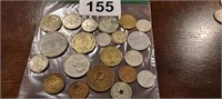 BAG OF FOREIGN COINS, SOME SILVER