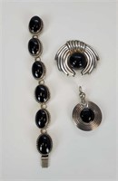 Sterling Silver And Onyx Jewelry Lot Of 3