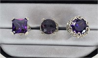Sterling Silver Lot Of 3 Purple Stone Rings