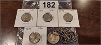 (5) SUSAN B ANTHONY $1.00 COINS (1 WITH CHAIN)