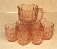 Pink Windsor Diamond Glass Pitcher & 6 Glasses