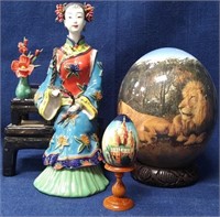 11 - CERAMIC ASIAN FIGURINE & 2 COLLECTOR EGGS