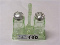 Green Etched Glass Salt & Pepper Set with Caddy