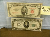 1953 Ser. $5 U.S. Note, Red Seal, 1928 Ser. $20 -