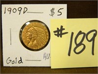 1909d Indian Head $5 Gold Piece AU-50