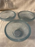 Three beautiful blue tinted glass Embossed bowls