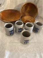 Lot of 3 wooden bowls and 5 mugs