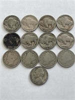 (8) Buffalo Nickels, (4) V Nickels, & (1)