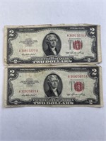 (2) Two Dollar Red Seal & (5) Two Dollar Green