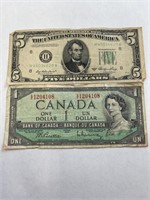 5 Dollar 1950 Bill & 1 Dollar Canadian Dollar