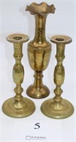 Vintage brass candlesticks 10" tall, brass vase