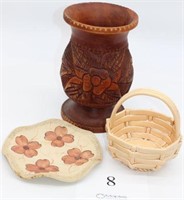 Wooden vase 10" tall by 6.5" wide, glass basket
