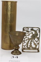 Vintage brass bookend, goblet, and vase