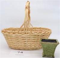 Fall décor-wicker basket, glass pumpkin with lid,