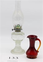 Vintage oil lamp 13" tall, red vases 8" and 5"
