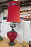 Large Red Glass Table Lamp with Red Shade 56" h