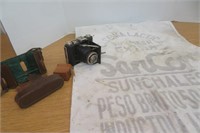 Vintage Minolta Camera, Feed Sack & Stamps & Box