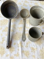 Gray granite ladels, drinking cup & pitcher