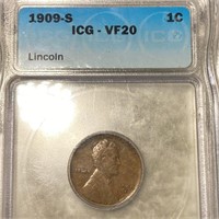 1909-S V.D.B. Lincoln Wheat Penny ICG - VF20